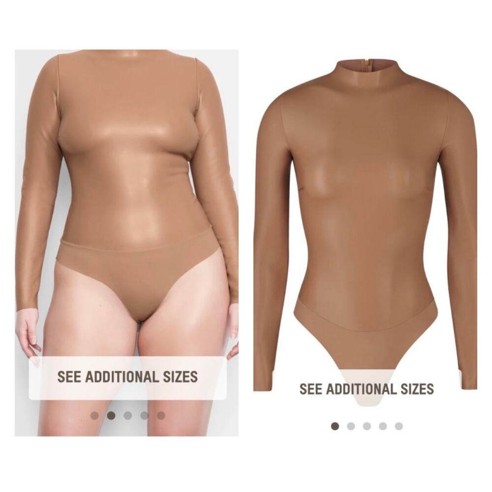 SKIMS FAUX LEATHER MOCK NECK BODYSUIT long sleeve Size XS Sienna Tan BS-MCK-0896